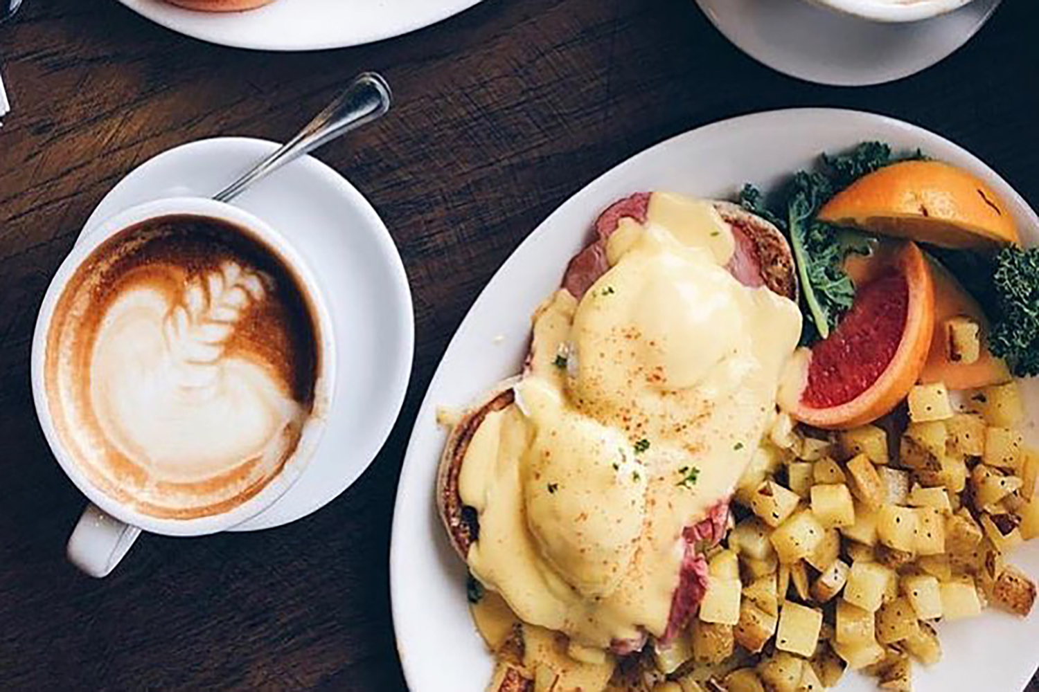 eggs benedict hashbrowns coffee brunch